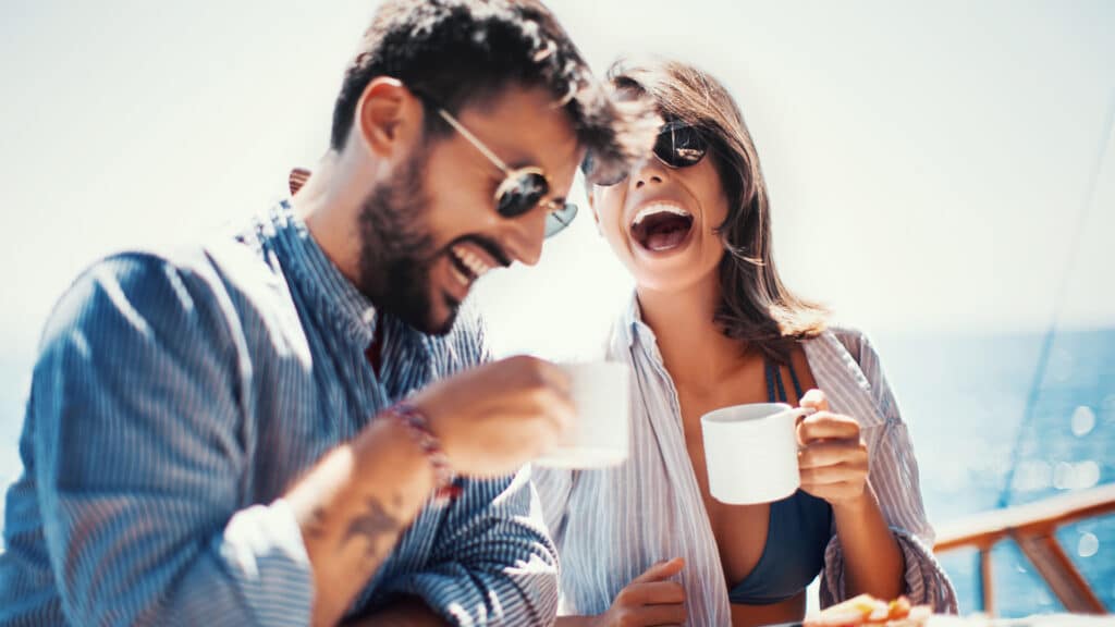 couple enjoying coffee on vacation