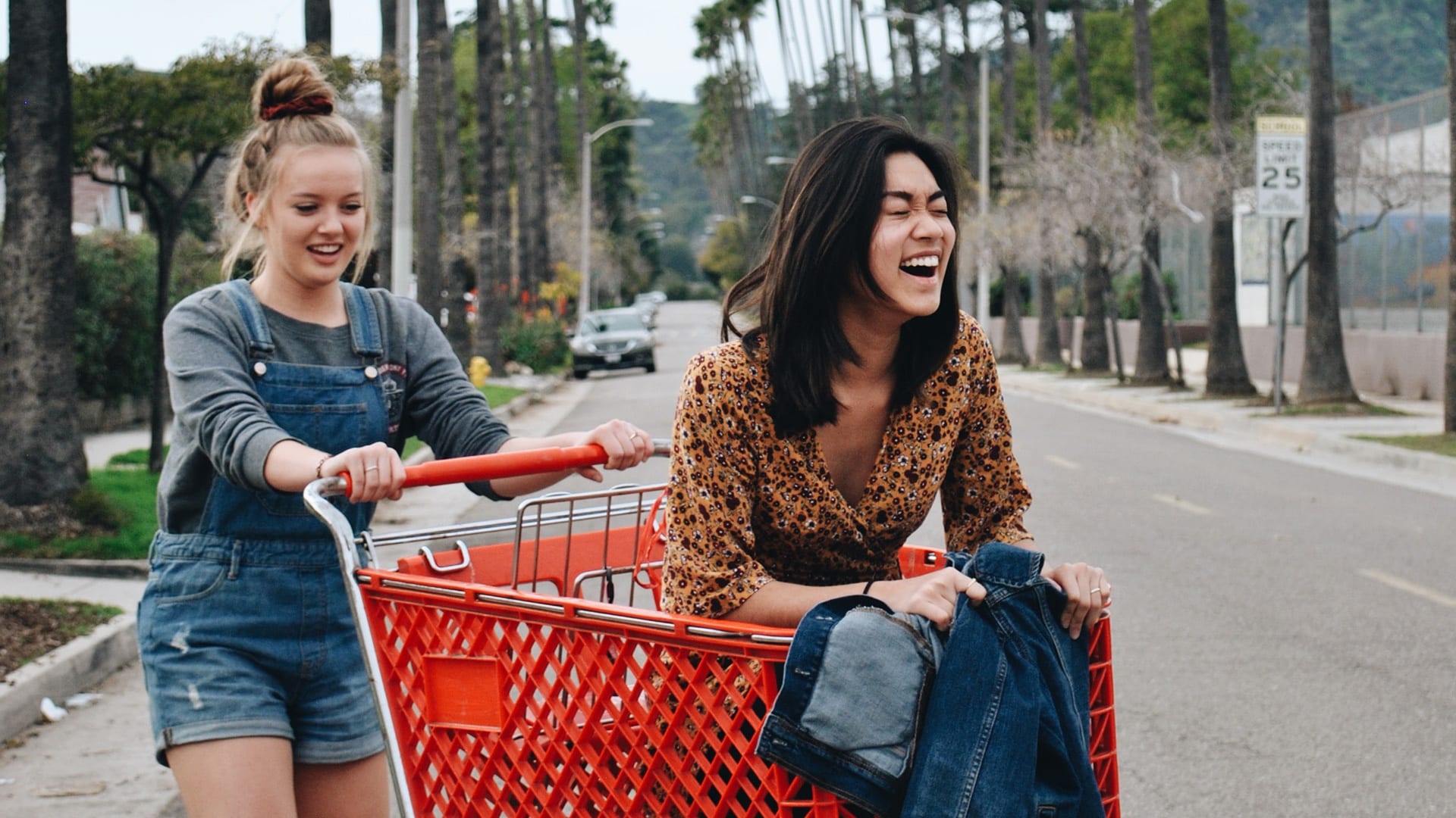 two girls laughing with shopping cart