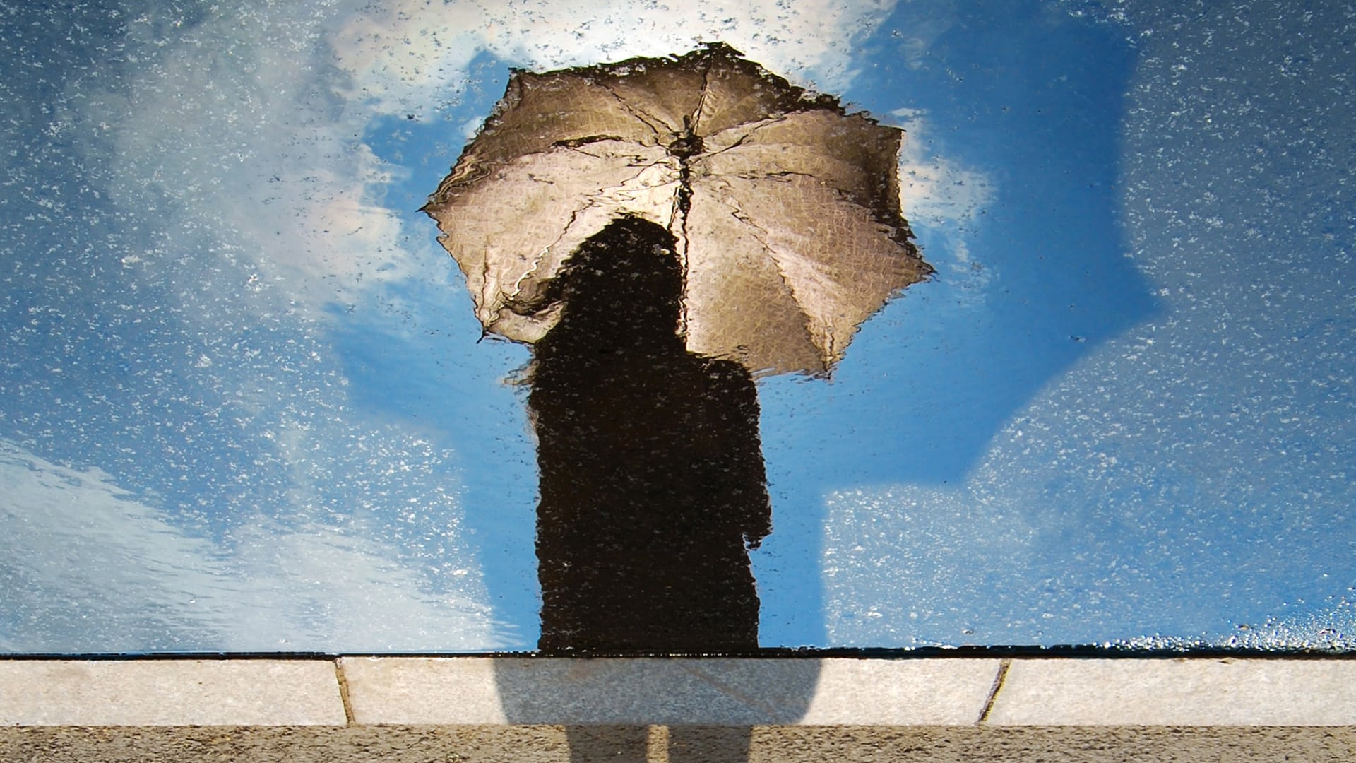 reflection in puddle of woman holding umbrella