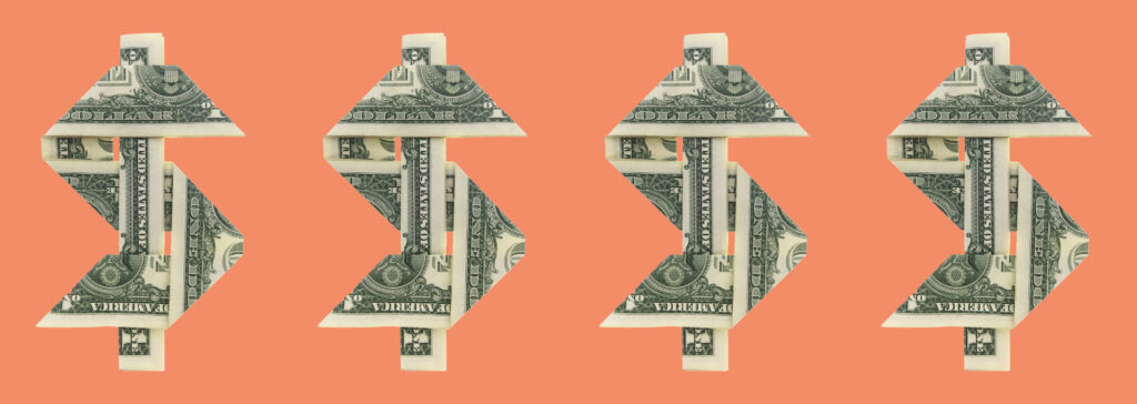 dollar sign made out of money on orange background