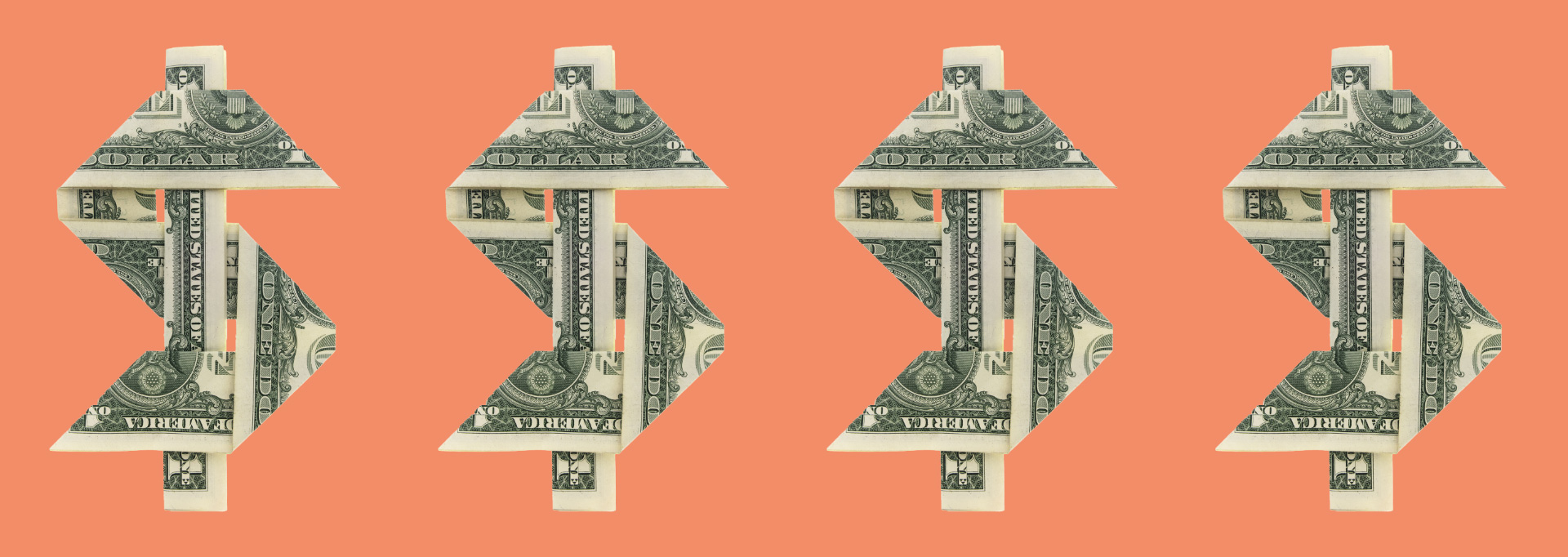 dollar sign made out of money on orange background