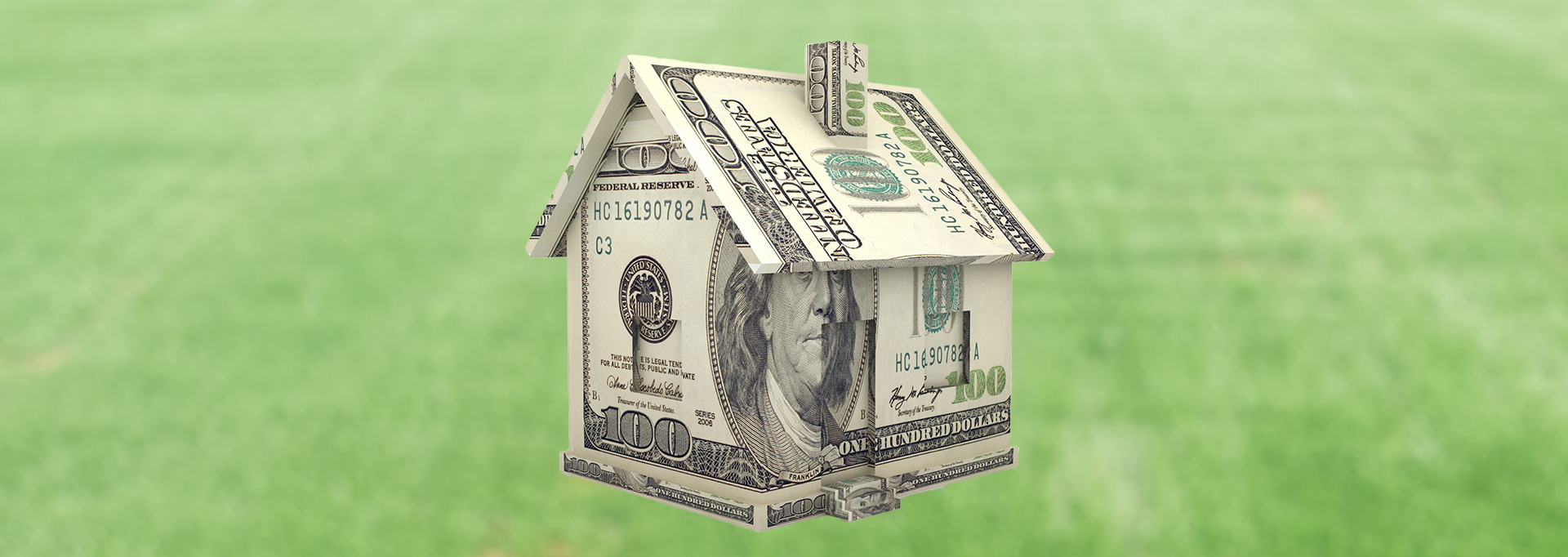 house made of money on green grass background