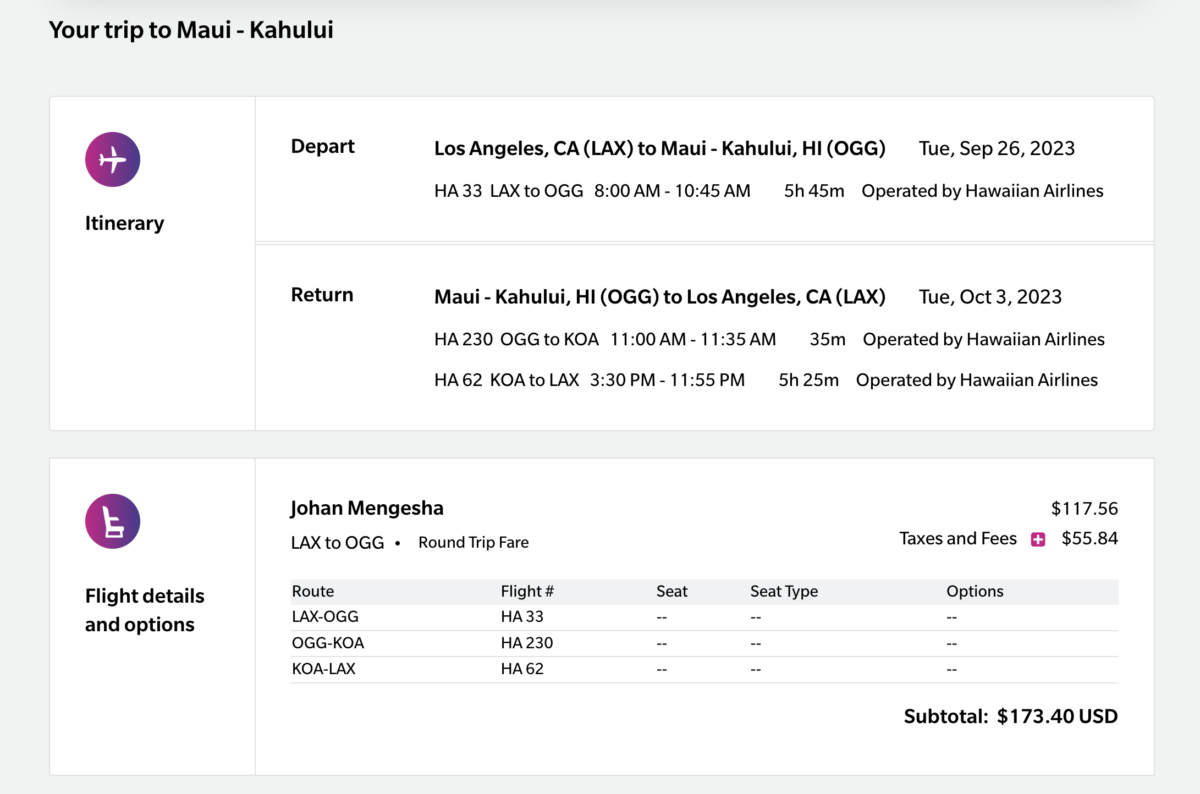Example flight deal for Los Angeles to hawaii
