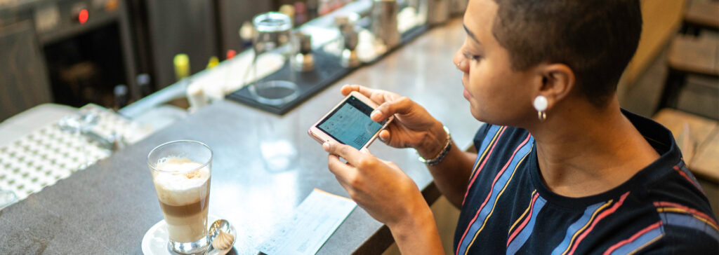 mobile banking at a coffee shop
